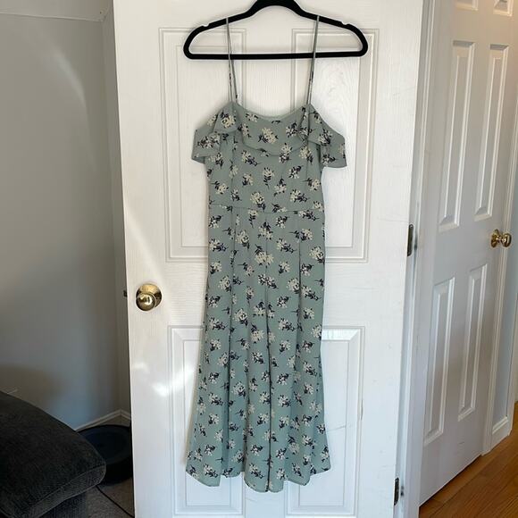 Trixxi Women Medium Jumpsuit Floral Wide Ankle Ruffled Neckline Mint Green Beige - Picture 1 of 9